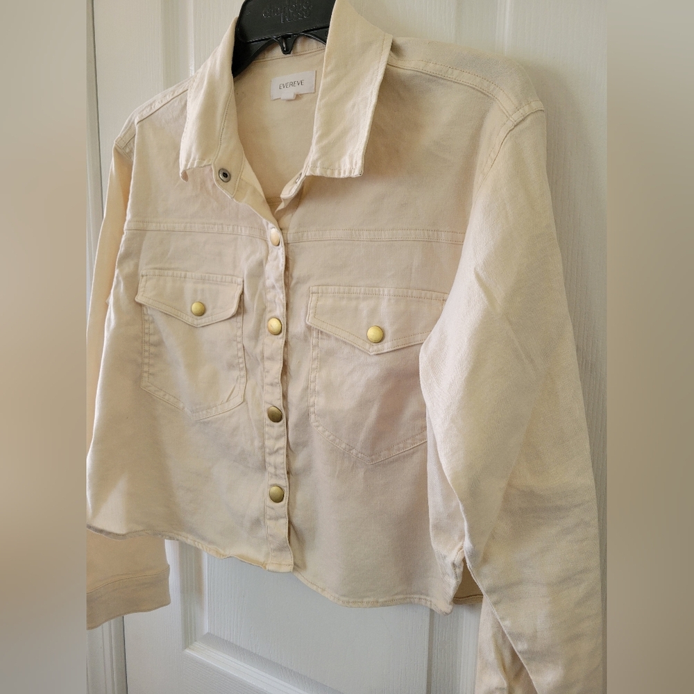 Evereve Frankie Stretch Linen Cropped Shacket Natural Cream Size Small - Picture 2 of 14